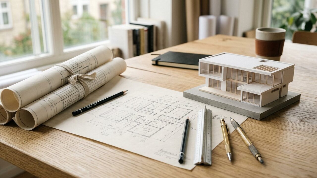 Architectural drawings, scale ruler and a study model of a modern house on an architect's desk.