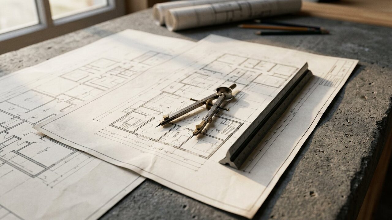 Architectural blueprints with a drafting compass and scale ruler on a concrete surface.