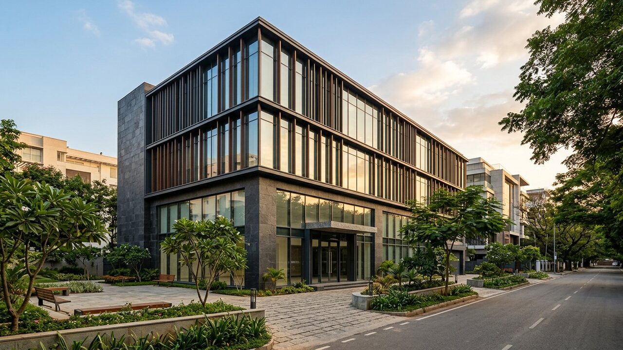Contemporary commercial building with dark stone cladding and a glass curtain wall.