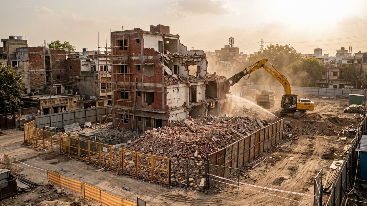 Controlled building demolition in progress with an excavator and cleared site area.