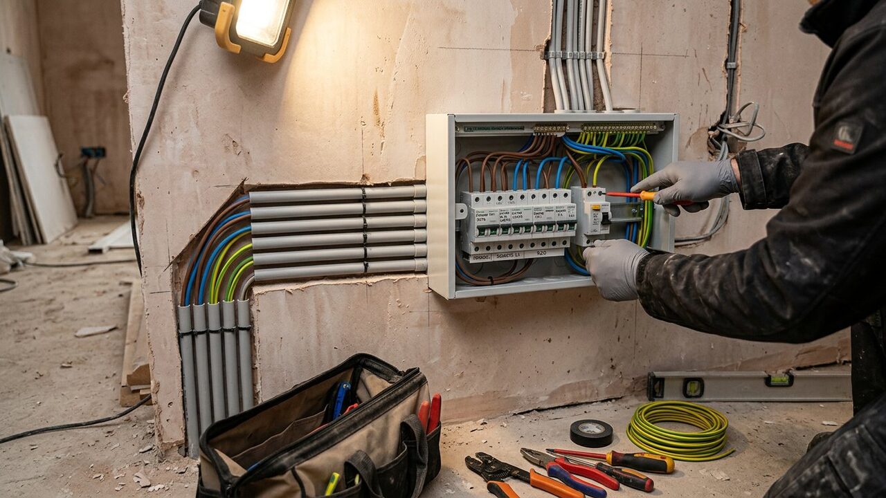 Electrical distribution board being installed with neatly routed concealed wiring.
