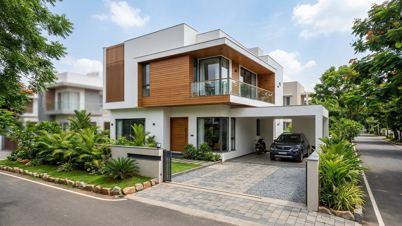 Modern two-storey independent house with wood cladding and a covered car porch.
