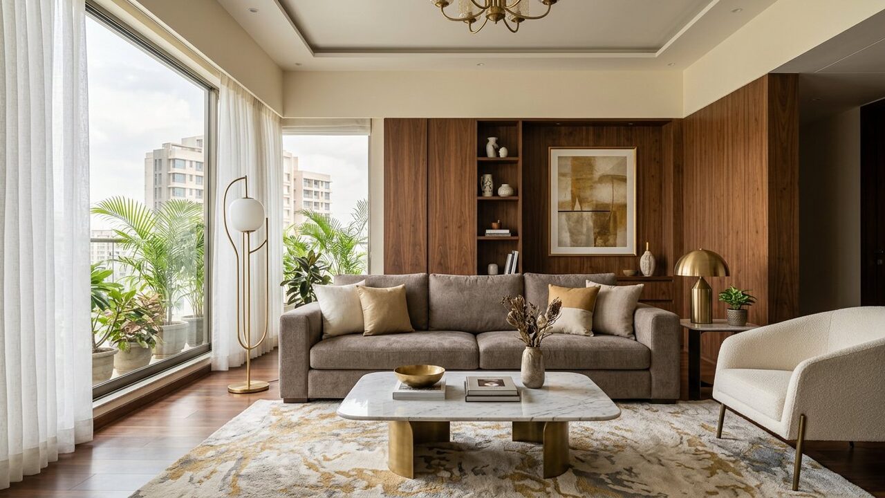 Luxury living room with warm wood panelling, a deep sofa and soft daylight.