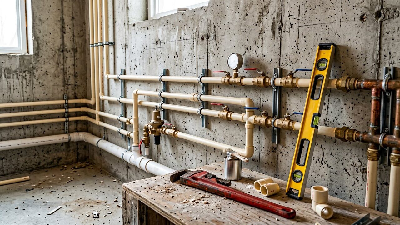 Plumbing installation with CPVC supply lines and fittings on a concrete wall.