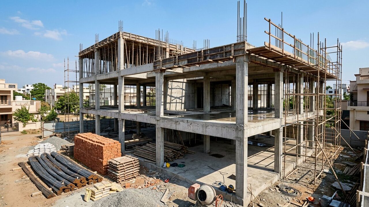 Reinforced concrete frame under construction with columns, beams and stacked bricks.